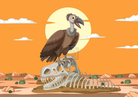 Illustration of a vulture atop animal remains in desert