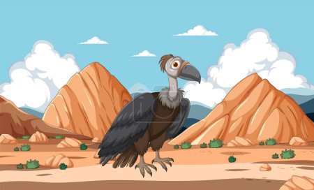 Illustration for Cartoon vulture standing in a barren desert - Royalty Free Image