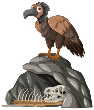 Karikaturgeier steht mit Tierknochen auf Felsen