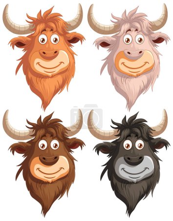 Illustration for Four cheerful yaks with different expressions and colors. - Royalty Free Image