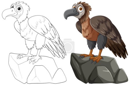 Illustration for Color and outline of a vulture perched on a rock - Royalty Free Image