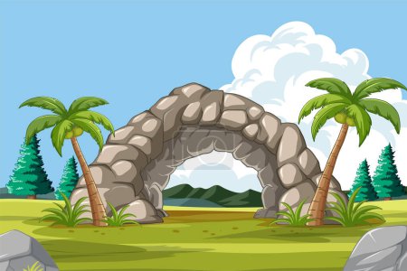 Illustration for Vector illustration of a natural stone arch with palm trees. - Royalty Free Image