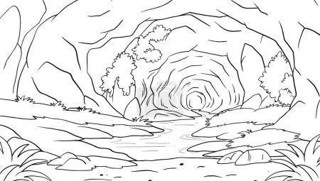 Téléchargez les illustrations : Illustration en noir et blanc d'un ruisseau forestier - en licence libre de droit
