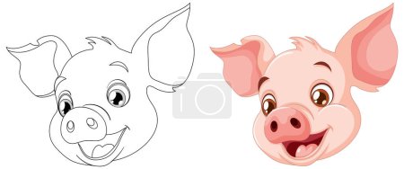 Téléchargez les illustrations : Illustration vectorielle d'un cochon, de l'art linéaire à la couleur - en licence libre de droit