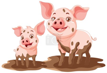 Téléchargez les illustrations : Deux cochons de dessin animé souriant dans une flaque boueuse. - en licence libre de droit