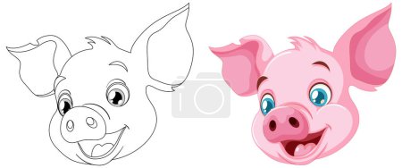 Téléchargez les illustrations : Croquis noir et blanc à côté de cochon de couleur - en licence libre de droit