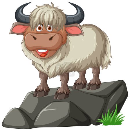 Illustration for Cartoon yak standing on rocks with a happy expression - Royalty Free Image