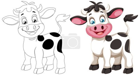 Téléchargez les illustrations : Vache noire et blanche dans un style vectoriel ludique. - en licence libre de droit