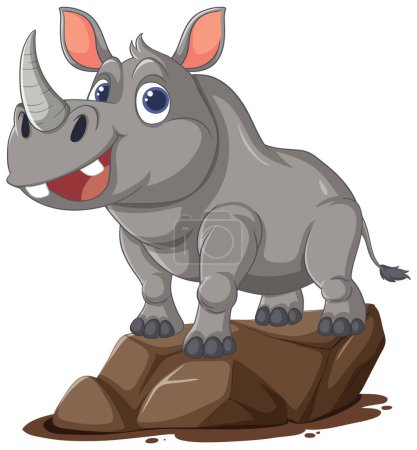 Un heureux rhinocéros dessin animé debout sur des rochers.