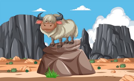 Illustration for Cartoon yak standing atop a stone in wilderness - Royalty Free Image