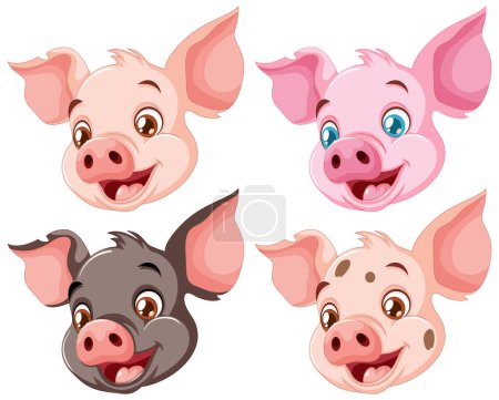 Téléchargez les illustrations : Quatre personnages de cochon joyeux montrant différentes émotions. - en licence libre de droit