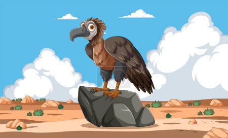 Illustration for Cartoon vulture standing on a rock in desert - Royalty Free Image