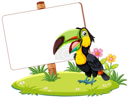 Téléchargez les photos : Toucan coloré à côté d'un panneau sur un patch herbeux - en image libre de droit