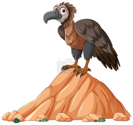 Bande dessinée vautour debout au sommet d'un rocher désert.