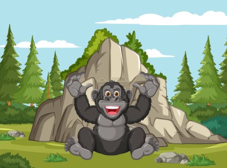 Ein glücklicher Gorilla sitzt an einer großen Felsformation.