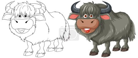Illustration for Black and white and colored yak illustrations side by side. - Royalty Free Image