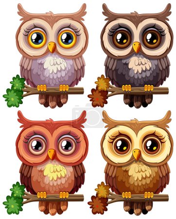 Illustration for Four cute owls with big eyes perched on branches. - Royalty Free Image