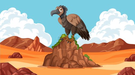 Cartoon vulture standing on a rocky hill.