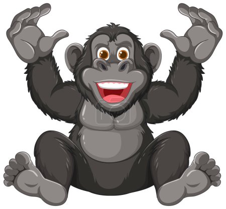 Téléchargez les illustrations : Joyeux gorille dessin animé assis avec les mains en l'air - en licence libre de droit