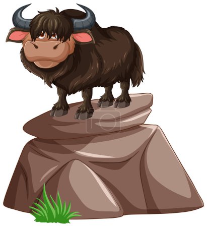 Cartoon yak standing atop a rocky outcrop