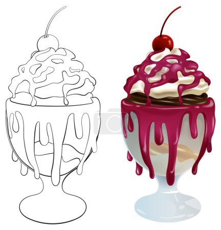 Téléchargez les illustrations : Illustration vectorielle d'une crème glacée colorée sundae - en licence libre de droit