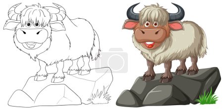 Illustration for Cartoon yak standing on a rock, happy expression. - Royalty Free Image