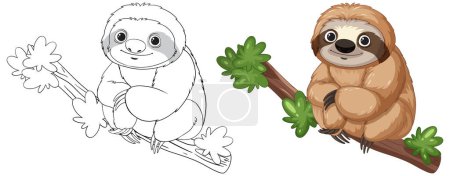 Téléchargez les illustrations : Deux paresseux de dessin animé sur des branches aux feuilles vertes - en licence libre de droit