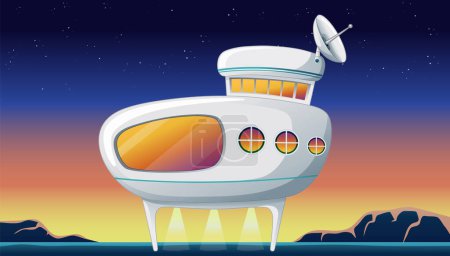Téléchargez les illustrations : Illustration vectorielle d'un vaisseau spatial au crépuscule sur une planète étrangère - en licence libre de droit