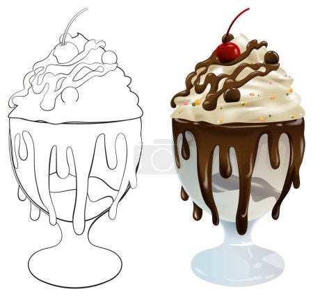 Vector illustration of a chocolate sundae dessert.