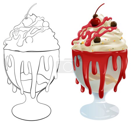 Téléchargez les illustrations : Illustration vectorielle d'un sundae à la crème glacée cerise. - en licence libre de droit