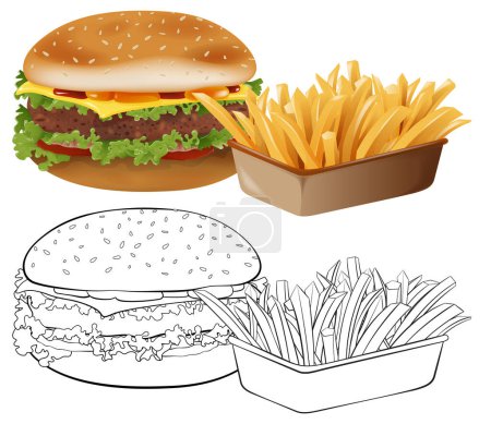 Téléchargez les illustrations : Burger fast food coloré et esquissé et frites - en licence libre de droit