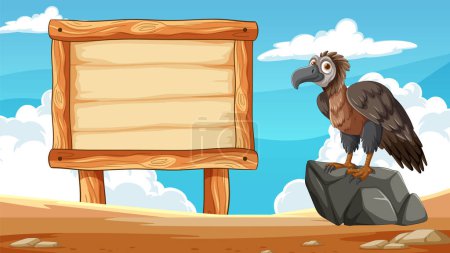 Téléchargez les photos : Bande dessinée vautour sur la roche à côté du panneau vide - en image libre de droit
