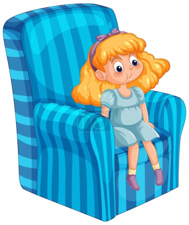 Dessin animé d'une jeune fille assise sur une chaise bleue