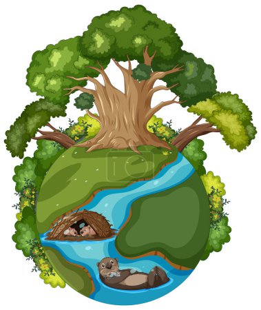 Téléchargez les illustrations : Illustration d'un arbre et d'animaux sur un globe - en licence libre de droit