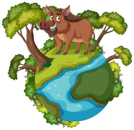 Illustration for Cartoon boar standing atop a small, green planet. - Royalty Free Image