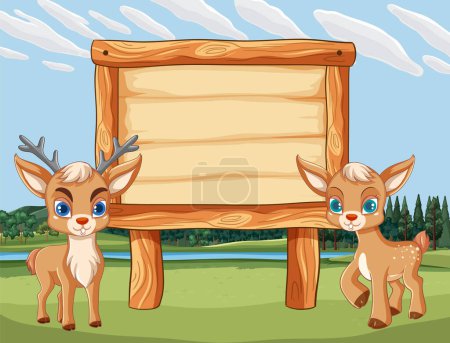 Téléchargez les illustrations : Deux cerfs mignons à côté d'un panneau vierge - en licence libre de droit