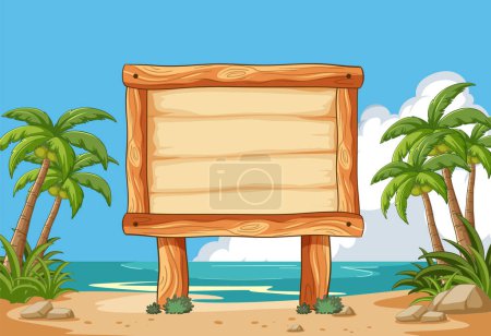 Téléchargez les illustrations : Panneau en bois blanc sur une plage ensoleillée - en licence libre de droit