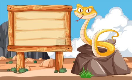 Illustration for Cartoon snake next to a blank sign in desert - Royalty Free Image