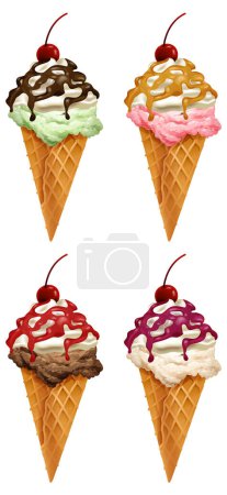 Téléchargez les photos : Quatre cônes de crème glacée colorés avec différents sirops - en image libre de droit