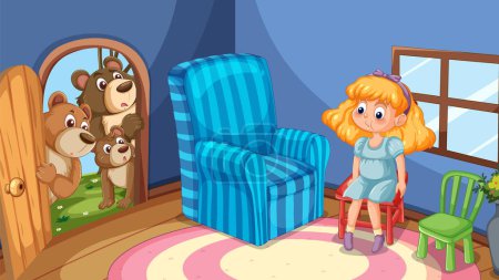 Illustration for Cartoon girl startled by three bears entering room - Royalty Free Image