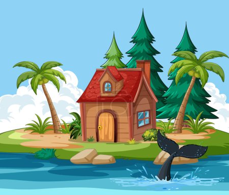 Illustration for Charming island house with palm trees and whale tail. - Royalty Free Image