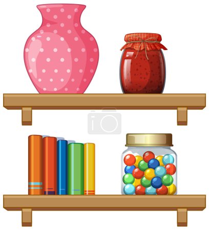 Téléchargez les illustrations : Illustration vectorielle d'objets décoratifs et comestibles sur étagères. - en licence libre de droit