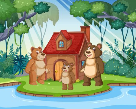 Illustration for Three cartoon bears smiling near their house - Royalty Free Image