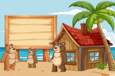 Illustration for Cartoon bears near a wooden hut on the beach. - Royalty Free Image