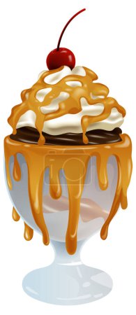 Vector illustration of a caramel-topped ice cream sundae