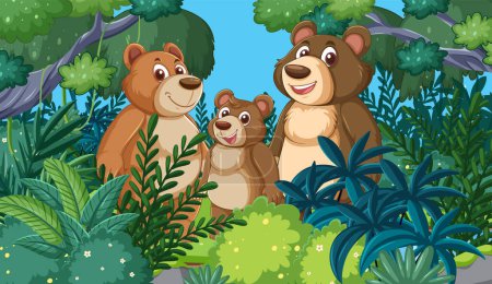 Illustration for Three cartoon bears smiling among vibrant greenery. - Royalty Free Image