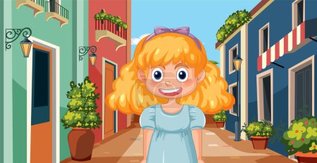 Illustration for Happy young girl smiling in a vibrant town - Royalty Free Image