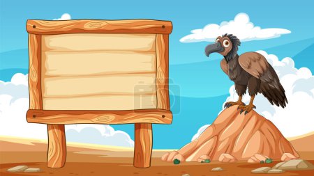 Illustration for Cartoon vulture perched beside a blank sign. - Royalty Free Image