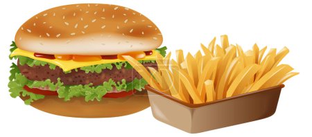 Téléchargez les illustrations : Illustration vectorielle d'un cheeseburger aux frites - en licence libre de droit