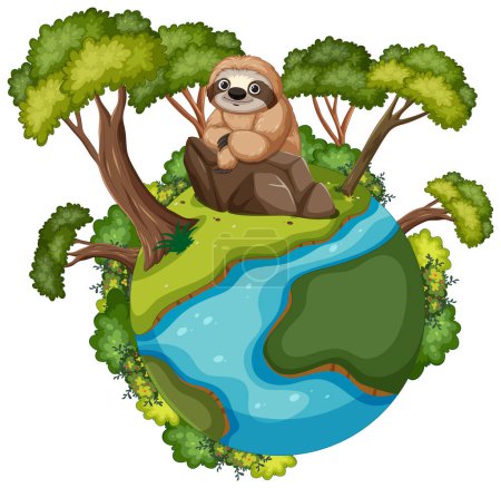 Téléchargez les illustrations : Mignon paresseux assis sur un arbre au-dessus de la Terre - en licence libre de droit